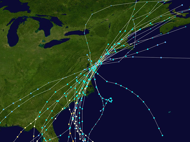 Track map of all tropical hurricanes that passed over Delaware from 1851 to 2005.